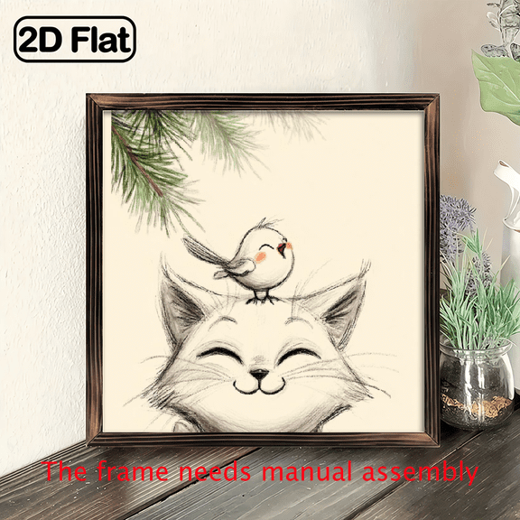 Rustic Wooden Framed 2D Cat Bird Sketch Sign, 8x8 inch, Charming Wall Hanging Art, Perfect Gift for Cat Lovers, Multipurpose Home Office Decor, English Text, Easy Mount