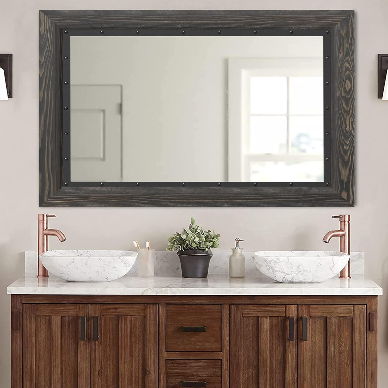 Rustic Wooden Framed Wall Mirror, 40x30 Inch, and Iron Bathroom Vanity ...
