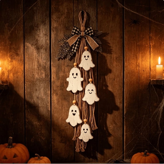 Rustic Wooden Ghost Halloween Wall Hanging, Sweet Smiling Ghost Door Hanger with Tassel Bow Faux Greenery, Farmhouse Halloween Wall Decor for Entryway Living Room