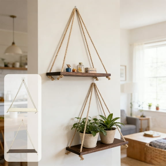 Rustic Wooden Hanging Shelf - Jute Rope Floating Wall Display Rack, Rural-Style Home Storage Organizer for Living Room/Bedroom/Bathroom/Kitchen, Decorative Swaying Shelf for Items, 18*6in, Brown