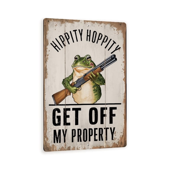 Rustic Wooden "Hippity Hoppity, Get Off My Property" Sign - Humorous 8" x 12" Wall Decor with Frog Holding Shotgun