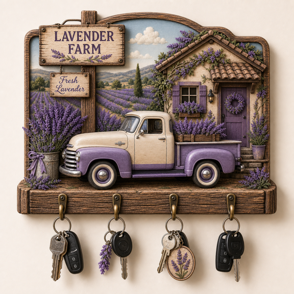 Rustic Wooden Key Holder Wall Decor, Lavender Farm 4 Hook Key Rack Gift 2D flat not 3D