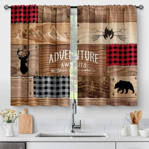 Rustic Wooden Kitchen Curtains - Farmhouse Cabin Bear Deer Country Retro Small Short Cafe Curtains Buffalo Plaid Tier Curtains for Living Room Rod Pocket Window Drapes 2 Panels 28"x24"