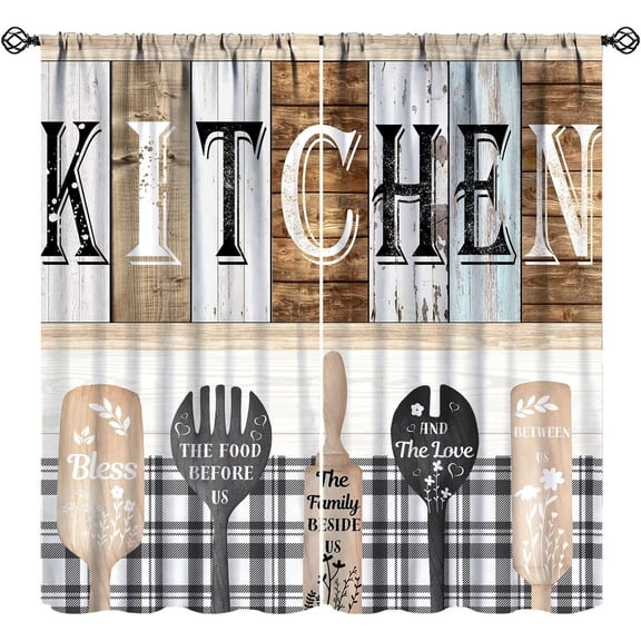 Rustic Wooden Kitchen Curtains, Vintage Buffalo Plaid Funny Quotes Old Wooden Brown Black Spoons Cooking Window Treatments for Bedroom Living Room Cafe, 55" W X 39" L