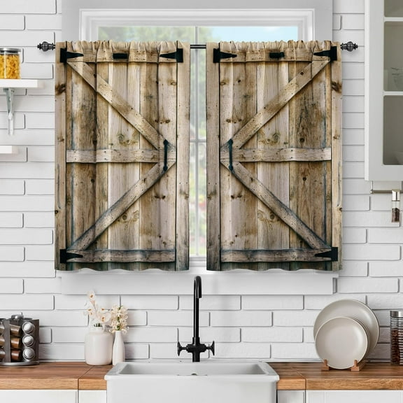 Rustic Wooden Kitchen Curtains - Vintage Farmhouse Short Cafe Curtains for Living Room Bedroom Decor Brown Barn Door Tier Curtains Rod Pocket Window Drapes 36 Inches Length 2 Panel Set