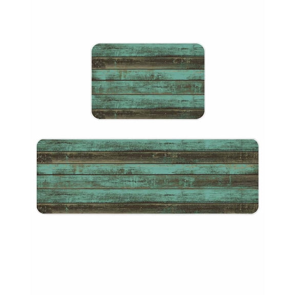 Rustic Wooden Kitchen Mats for Floor 2 Piece, Retro Farmhouse Country Turquoise Plank Absorbent Non-Slip Kitchen Rugs Comfort Standing Mat for Laundry, Hallways 23.6"x35.4"+23.6"x70.9"