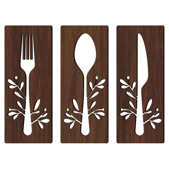 Rustic Wooden Kitchen Wall Decor - 3PCS Cutlery Set (Brown, Small)