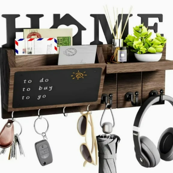 Rustic Wooden Mail & Key Organizer with Shelf Wall-Mounted Entryway Organizer, 7 Hooks for Keys, Mail, and Small Essentials