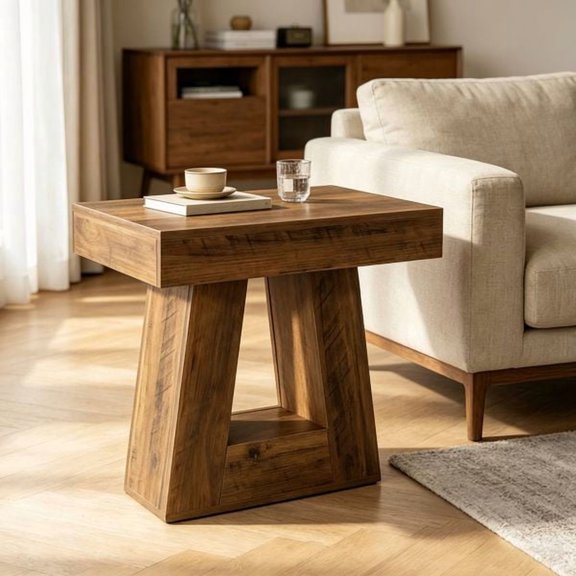 Rustic Wooden Modern Square End Table, Geometric Trapezoid Base Side Table for Living Room Bedroom Sofa Side Decor