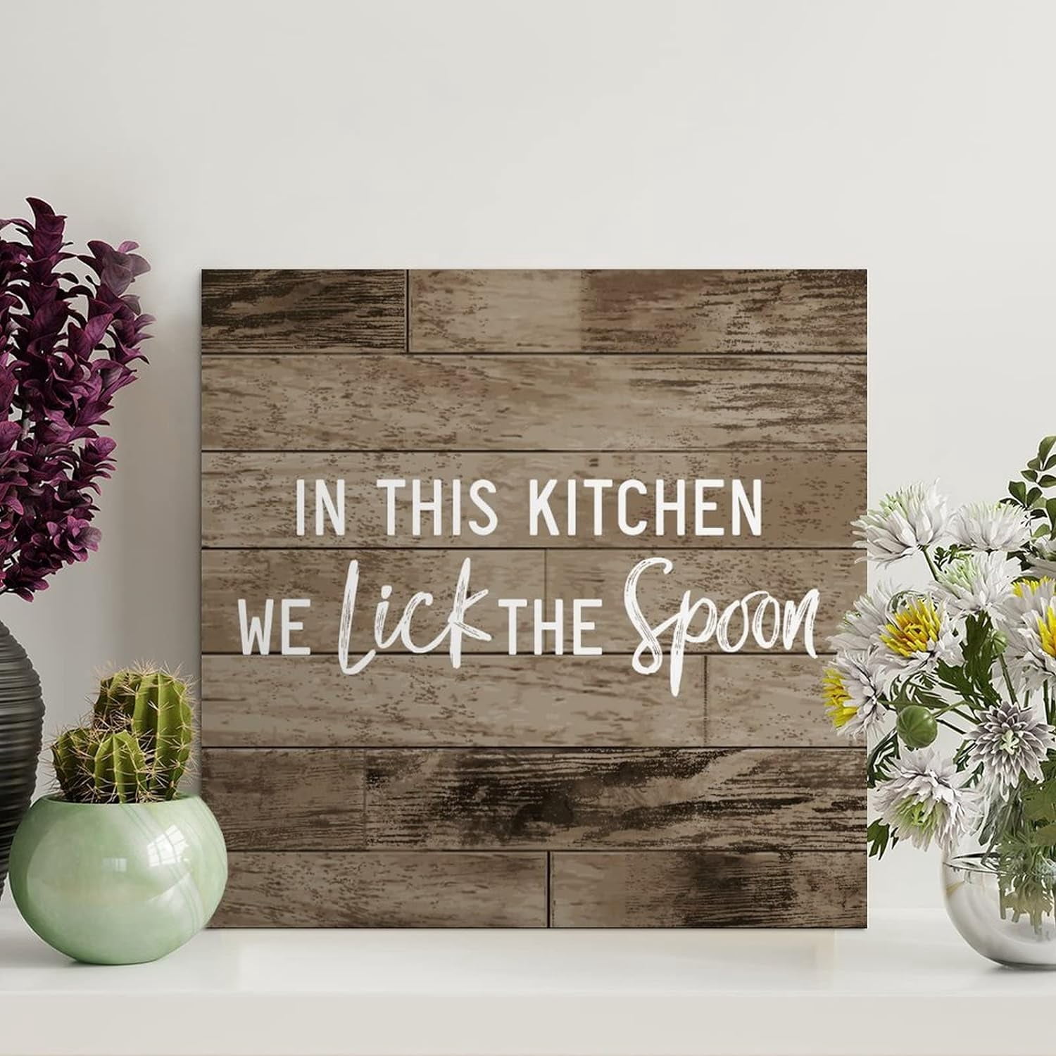 Rustic Wooden Pallet Sign In This Kitchen We Lick The Spoon Wood Signs ...