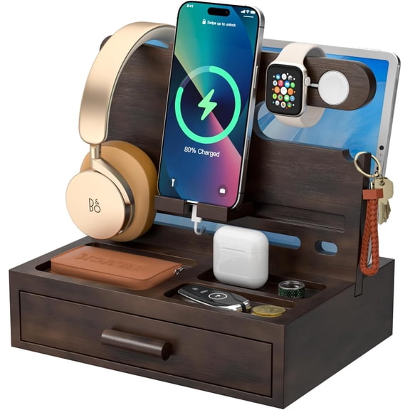 Rustic Wooden Phone Stand Organizer with Drawer Storage, Brown