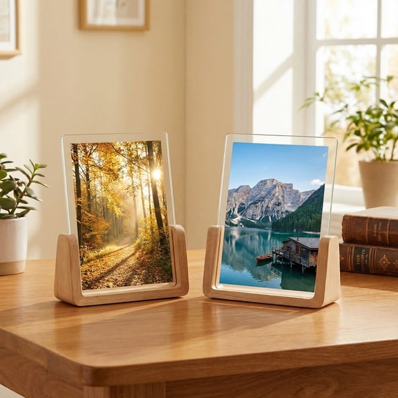4x6 Rustic Beech Wood Photo Frames 2 Pack, Upright Tabletop Picture Frames with Base, Double Sided High Definition Acrylic Covers for Home Office Desktop Decor