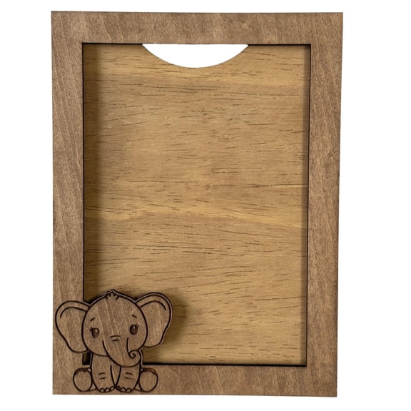 Rustic Wooden Picture Frame with Elephant Design, Natural Wood, 5x7 Photo Size, Wall Mount and Stand, Acrylic Plate Included, Nursery Decor