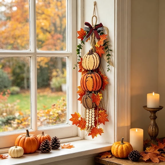 Rustic Wooden Pumpkin Door Hanging,Farmhouse Stacked Wooden Pumpkin Hanging Ornament,Ready‑to‑Hang Pumpkin Door Hanging Pendant,Thanksgiving Harvest Wooden Pumpkin Swag for Door,Wall,21.6 Inch