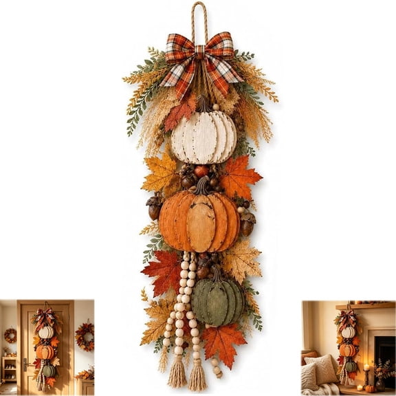 Rustic Wooden Pumpkin Door Hanging, Rustic Pumpkin Hanging Swag, Harvest Wooden Door Hanger for Home Porch for Home Porch