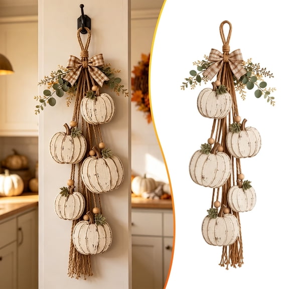 Rustic Wooden Pumpkin Door Hanging,Vintage White Fall Pumpkin Hanging Swag,Wood Five Pumpkin Wall Hanging Decor,Farmhouse Autumn Porch Pumpkin Hanging Ornament for Door,Wall,22.8x9.4 Inch