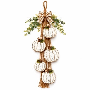 Rustic Wooden Pumpkin Door Hanging Warm Led Lights, Rustic White Pumpkin Hanging Swag, Fall Decor Gift, Farmhouse Porch Front Door Decoration Home