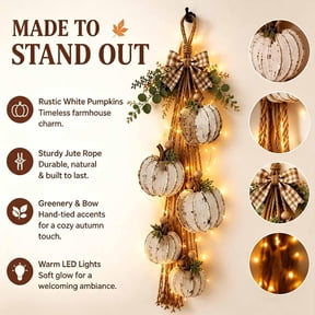 Rustic Wooden Pumpkin Door Hanging with Warm LED Lights, 22.83 Inch Farmhouse Harvest Fall Halloween Decor with Autumn Leaves for Porch & Entryway