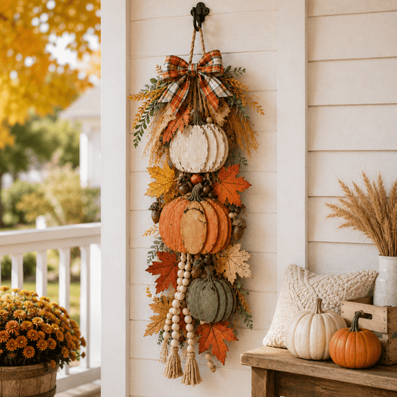 Rustic Wooden Pumpkin Door Hanging with Warm LED Lights 22.83in, Harvest Fall Farmhouse Decor with Autumn Leaves for Porch Entryway