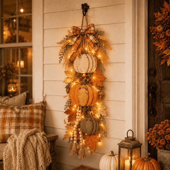 Rustic Wooden Pumpkin Door Hanging with Warm LED Lights, Rustic White Pumpkin Hanging Swag, Fall Decor Gift, Glowing Wreath