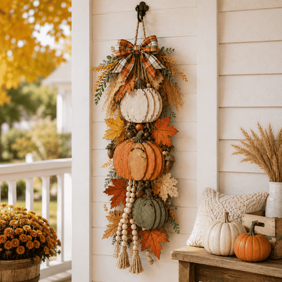 Rustic Wooden Pumpkin Door Hanging without Warm LED Lights, Rustic White Pumpkin Hanging Swag, Fall Decor Gift, Glowing Wreath