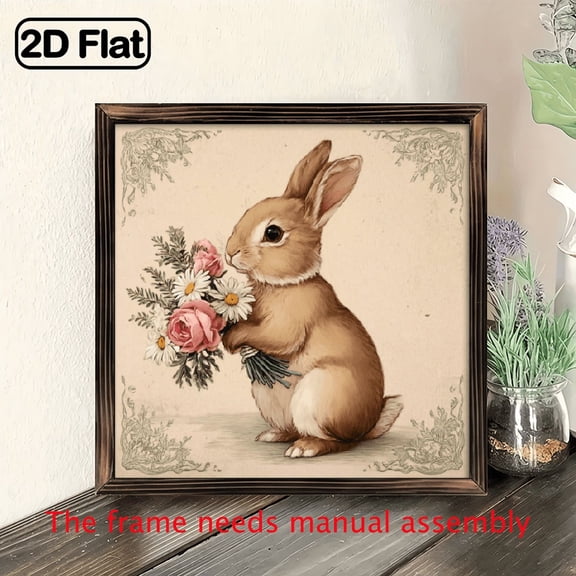 Rustic Wooden Rabbit Sign Rustic 1pc Wooden Rabbit Sign - 8x8 Inch Square Polished Finish, Lightweight Wood Frame, Horizontal Orientation, Home Office Decor, Easter Accessories