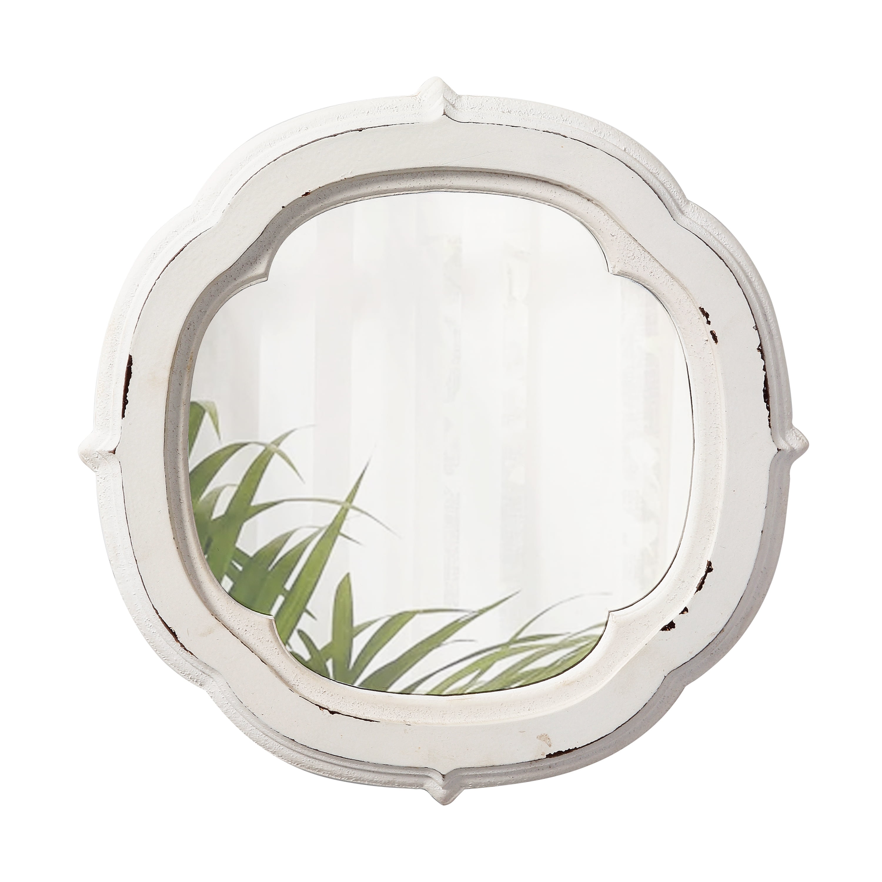 Distressed White Round Wooden Wall Mirror with Antique Finish