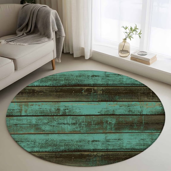 Rustic Wooden Round Rugs for Living Room 3ft Retro Farmhouse Country Turquoise Plank Non Slip Circle Rug Washable Low-Profile Indoor Carpet for Bedroom, Dining Room, Bathroom