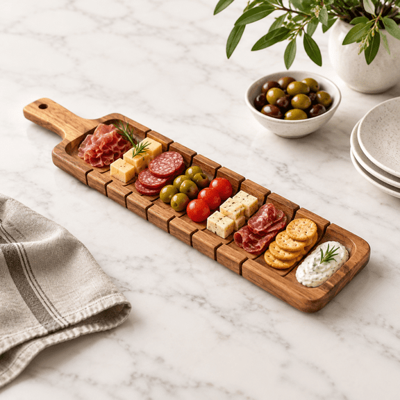 Rustic Wooden Serving Tray with Handle for Bread, Cheese, Charcuterie and Appetizers