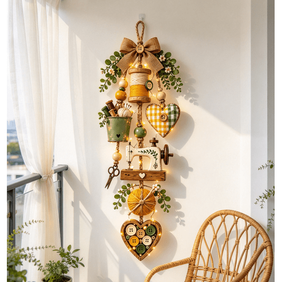 Wood Rustc Rustic Wooden Sewing Themed Hanging Ornament with Remote Control Fairy ...