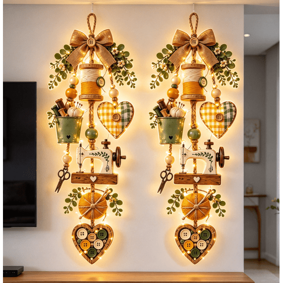 Wood Rustc Rustic Wooden Sewing Themed Hanging Ornament with Remote Control Fairy ...
