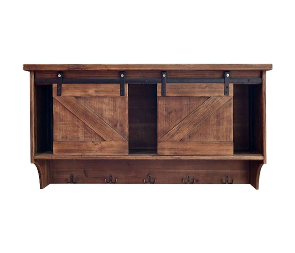 Rustic Wooden Shelf With Barn Door Storage And Hooks Rustic Wooden Shelf With Barn Door Storage And Hooks