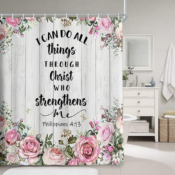 Rustic Wooden Shower Curtain, Vintage Botanical Flower with Christian Bible Verse Scripture Quotes Fabric Shower Curtain for Bathroom, Pink Floral Inspirational Words Bathroom Accessories, 72X72in