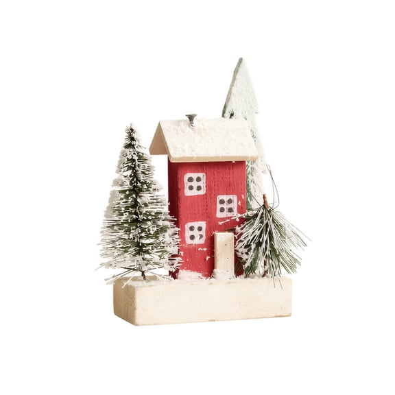 Rustic Wooden Snow Village House Tabletop Ornament Miniature Snowy Cabin with Bottle Brush Trees Winter Decor for Mantel Shelf