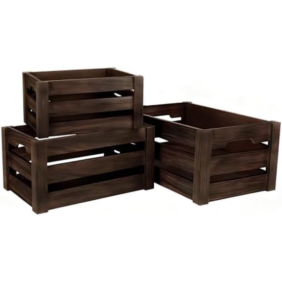 Rustic Wooden Storage Crates Set of 3 with Handles Farmhouse Decorative Nesting Boxes for Organizing, Shelves & Tabletop Display (L/M/S)