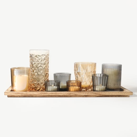 Rustic Wooden Tray with 8 Brown Glass Votive Candle Holders, Decorative Tea Light Holder Set for Mantel, Centerpiece, Dining Table Centerpiece Set, and Home Decor(Set of Pieces)