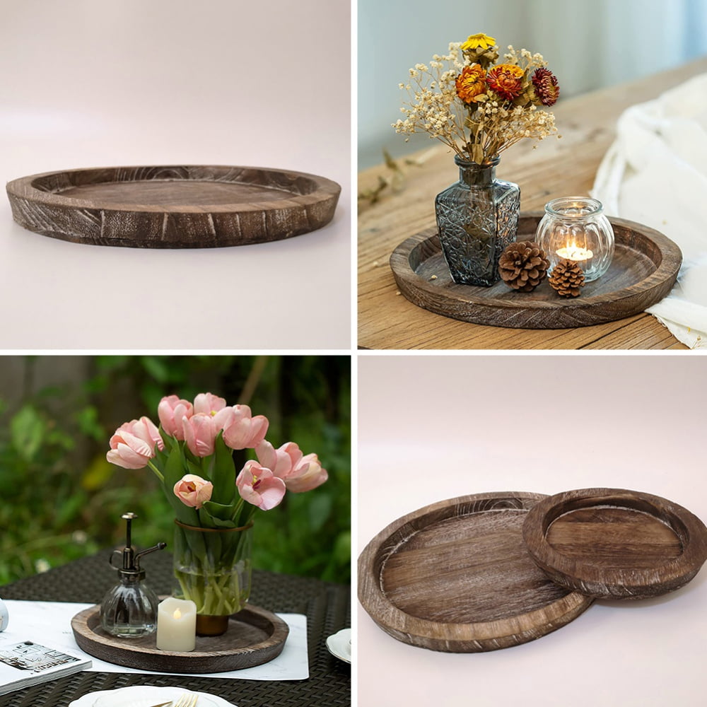 Rustic Wooden Tray, Candle Holder Fruit Food Serving Tray Home Decor