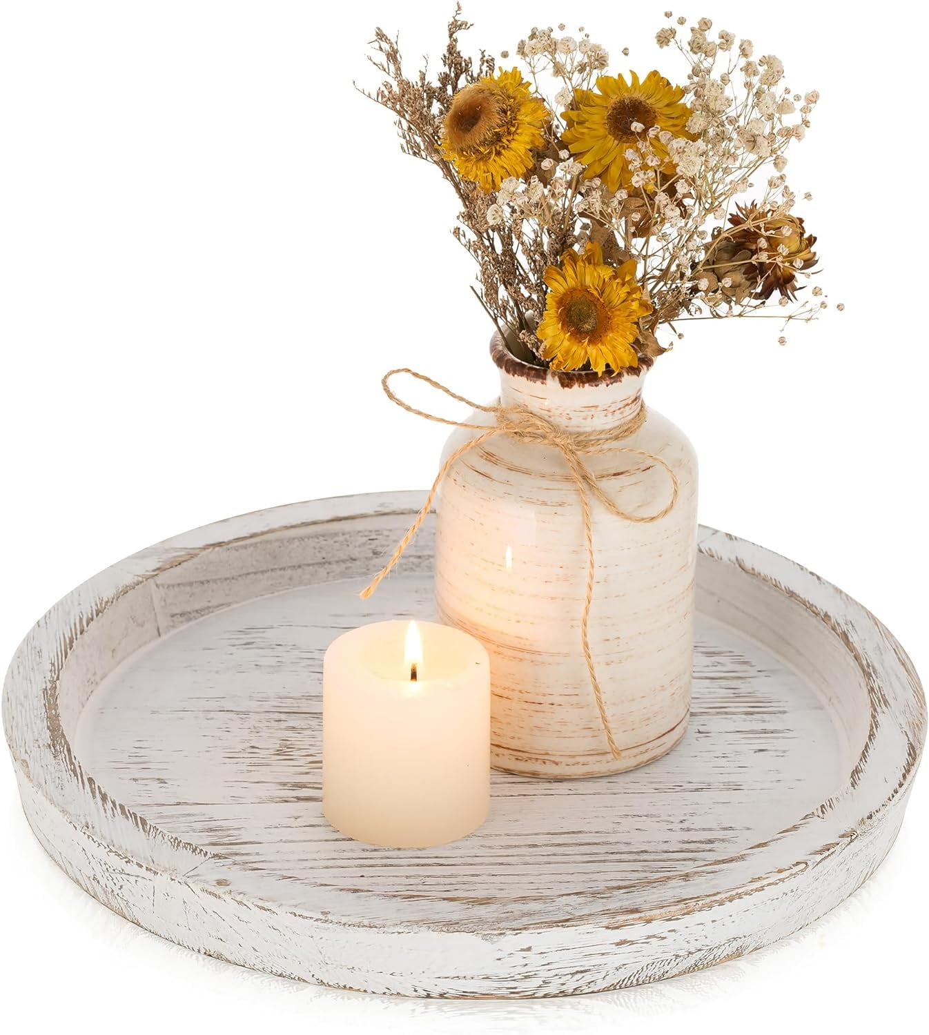 Rustic Wooden Tray Candle Holder - Round Wood Decorative Pillar Candle Tray for Coffee Table Farmhouse Kitchen Countertop Organizer Home Decor Wedding Centerpiece