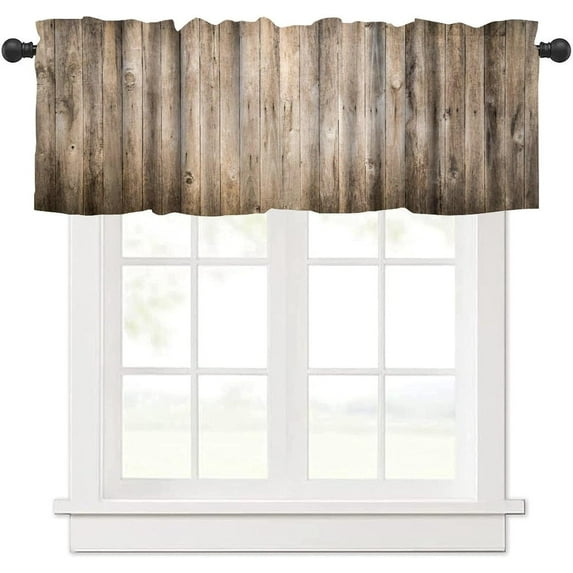 Rustic Wooden Valance Curtain Brown Barn Door Wood Board Western Vintage Farmhouse Country Rod Pocket Valance Window Treatments Short Curtains for Kitchen 54x18inch