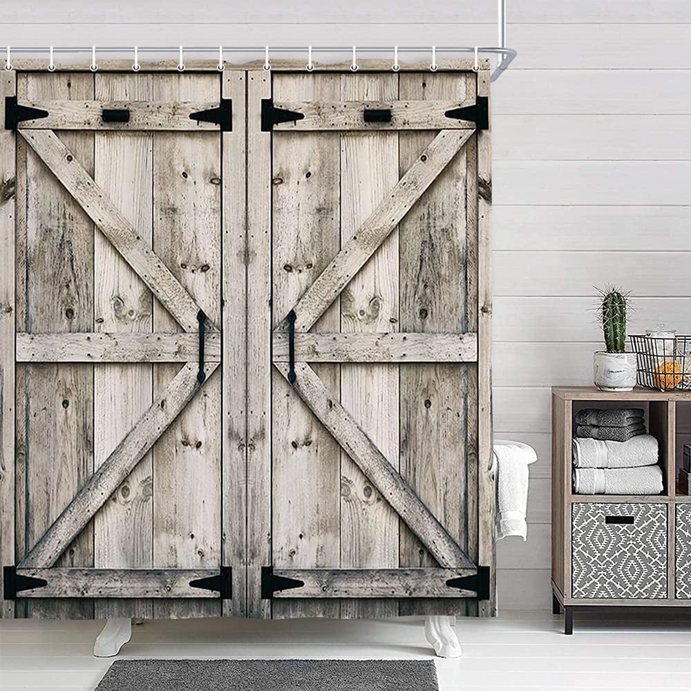Rustic Wooden Vintage Wood Shower Curtain, Farmhouse Wooden Shower Curtain Country Barn Door Shower Curtain with 12 Hooks, Waterproof Garage Cabin Shower Curtain, 48X70in