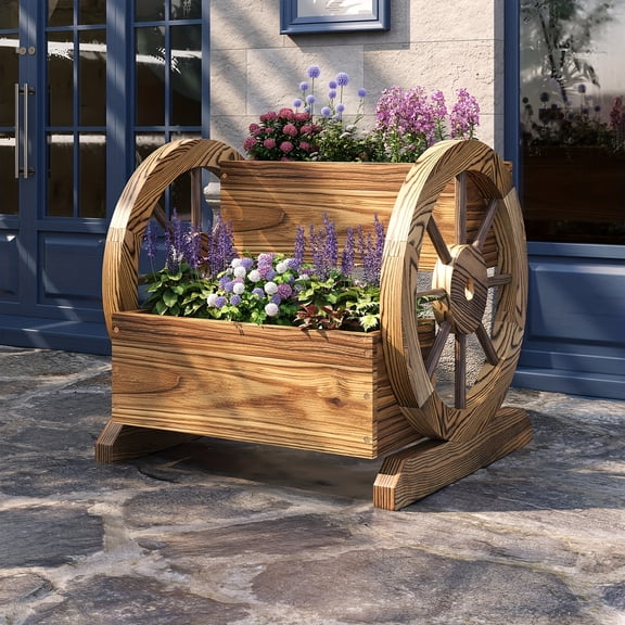 Rustic Wooden Wagon 2-Tier Planter Box with Wheels, Outdoor Garden Cart for Patio & Porch Decor, Vintage Style