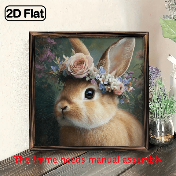 Rustic Wooden Wall Art - 8x8 Inch Vintage Rabbit with Floral Crown, Artificial Wood Home Decor for Living Room, Office, Tabletop or Wall Hanging.