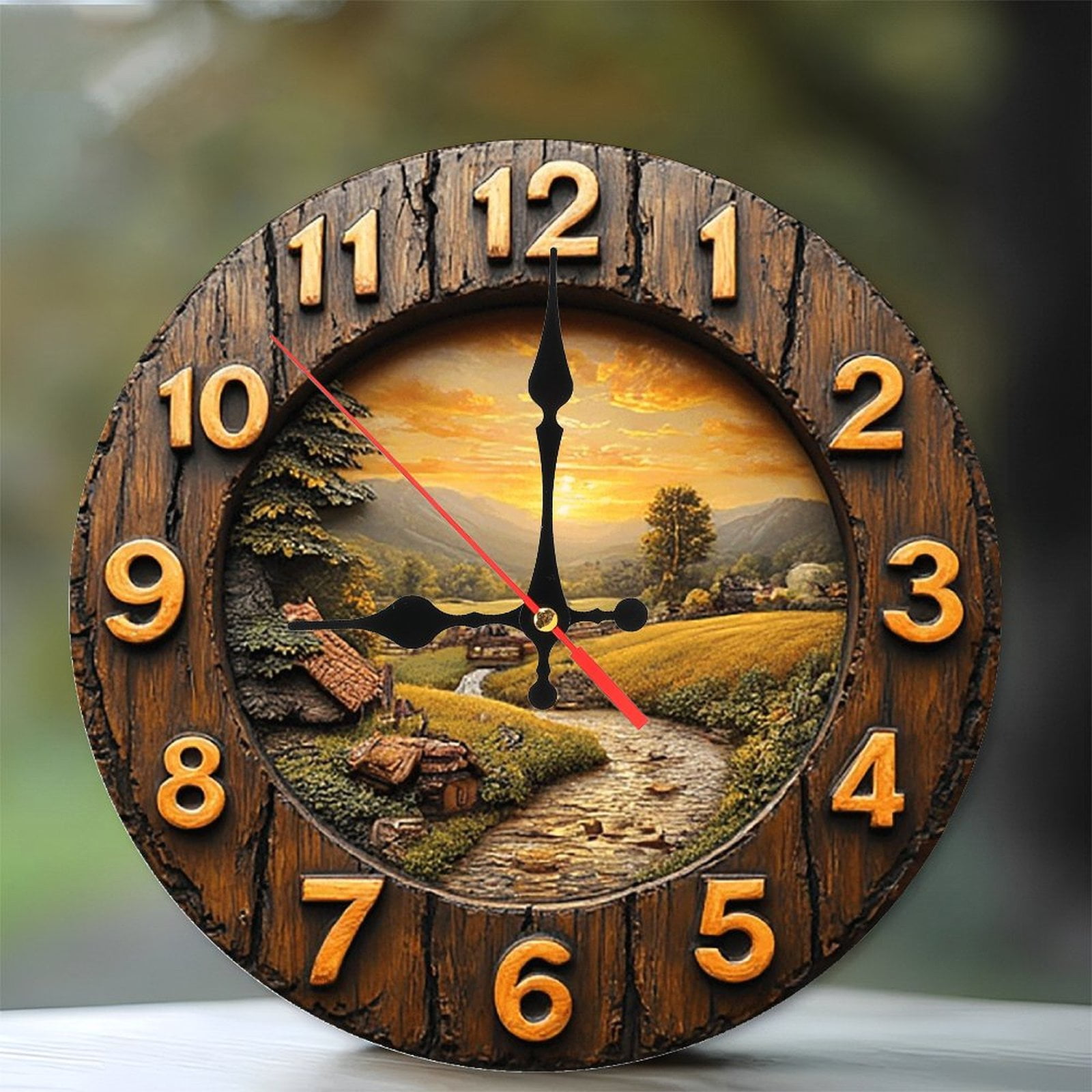 Rustic Wooden Wall Clock Landscape Sunset River 10-Inch Silent Wooden ...