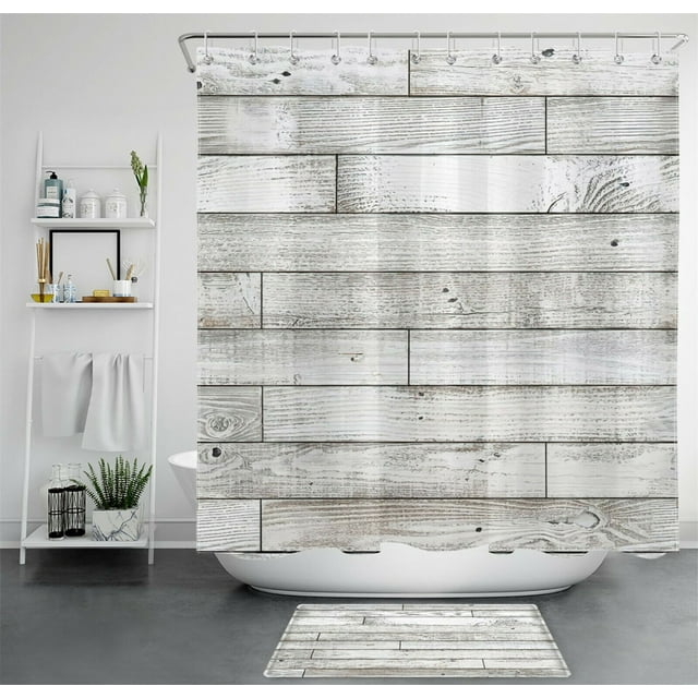 Rustic Wooden Wall Farmhouse Shower Curtain Set with Hooks