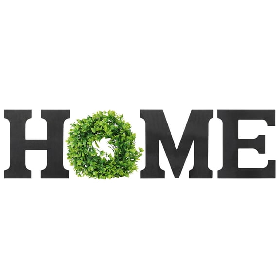 Rustic Wooden Wall Hanging HOME D?cor Sign, Cutout Block Letters Weathered Wood With Green Leaf Circle Wreath, Pediment Alphabets Plaques for House Decoration, Black