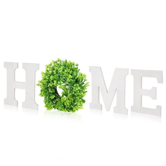 Rustic Wooden Wall Hanging HOME D?cor Sign, Cutout Block Letters Weathered Wood With Green Leaf Circle Wreath, Pediment Alphabets Plaques for House Decoration, White