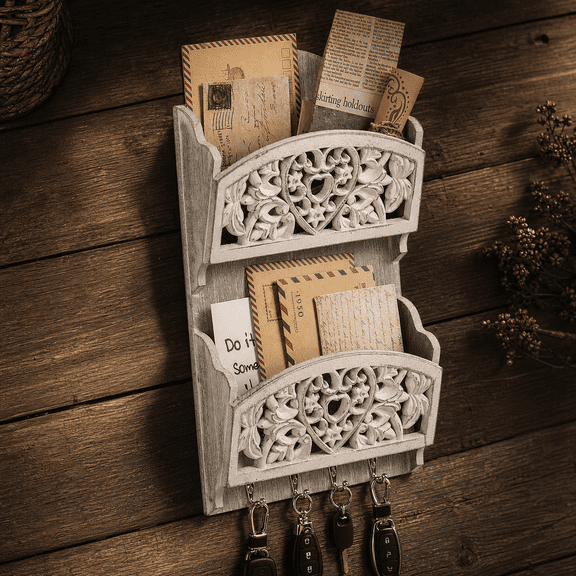 Rustic Wooden Wall-Mounted Mail & Key Holder