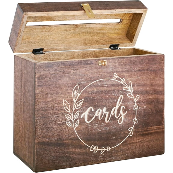 Rustic Wooden Wedding Card Box With Secure Slot Walnut Design 12x10x4.5 Inch