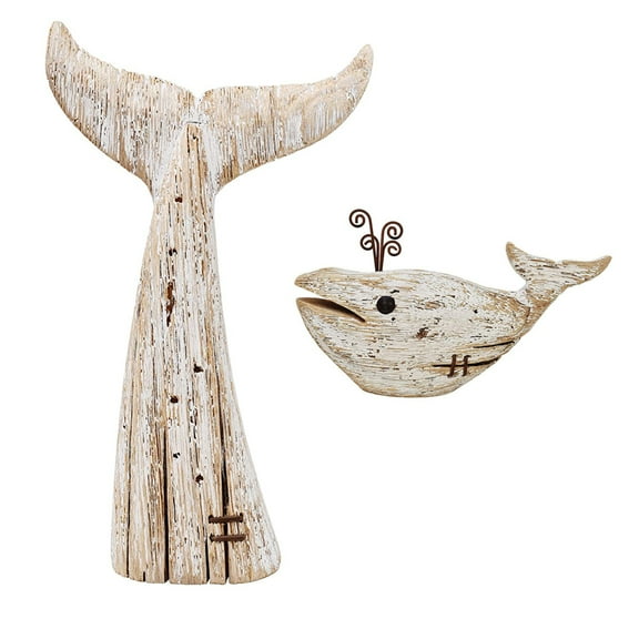 Rustic Wooden Whale Tabletop Statue, Rustic Wooden Decorative Whale Figurine Carving Sculpture, Wooden Whale Nautical Ocean Beach Coastal Themed Home Decor Set of 2