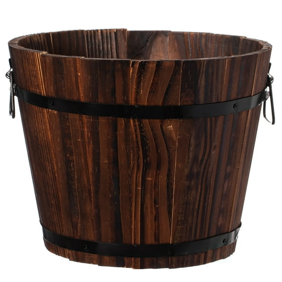 Rustic Wooden Whiskey Barrel Planter with Durable Medal Handles and Drainage Holes - Perfect for Indoor and Outdoor Use